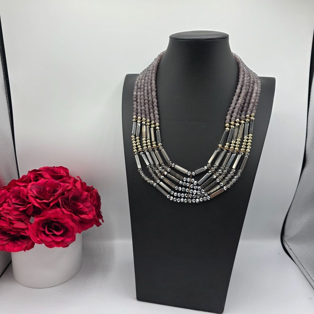 Layered‎ Beaded Statement Necklace Multi-Strand Gray Gold Silver Toned Used